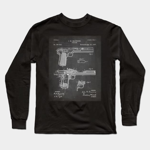 Browning Pistol Patent - Gun Lover Military Fan Art - Black Chalkboard Long Sleeve T-Shirt by patentpress